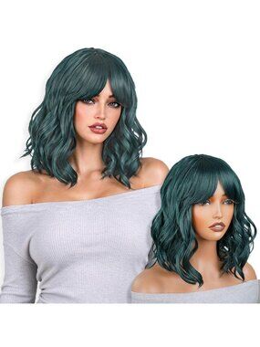 Women's GREEN3 Shoulder Ombre Bob Party Wig with Bangs Short Curly Synthetic